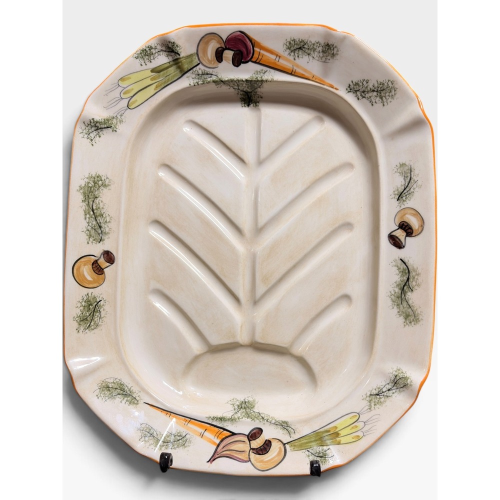 Designcraft USA Vintage Ceramic Meat Platter Mushroom Motif Juice Grooves 17"